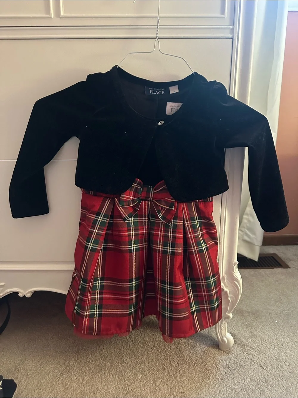 The Children's Place Red Plaid Dress with Black Velvet Bolero - Kids Holiday